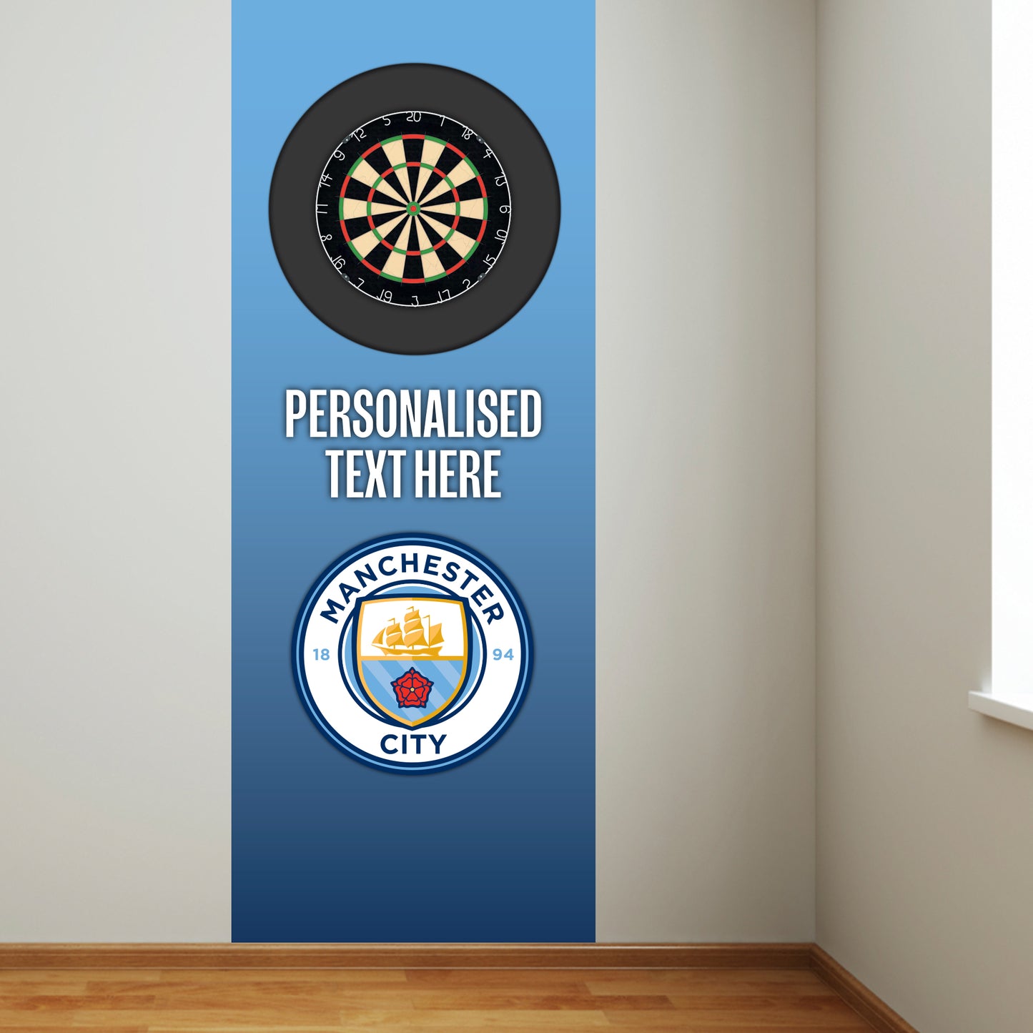 Manchester City FC Wall Sticker - Dart Board Backdrop with Personalised Text Wall Art