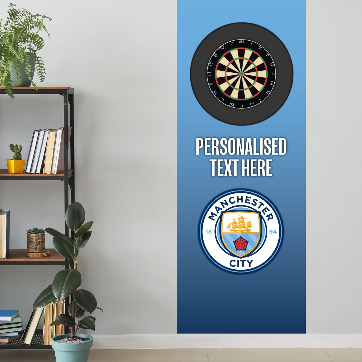 Manchester City FC Wall Sticker - Dart Board Backdrop with Personalised Text Wall Art