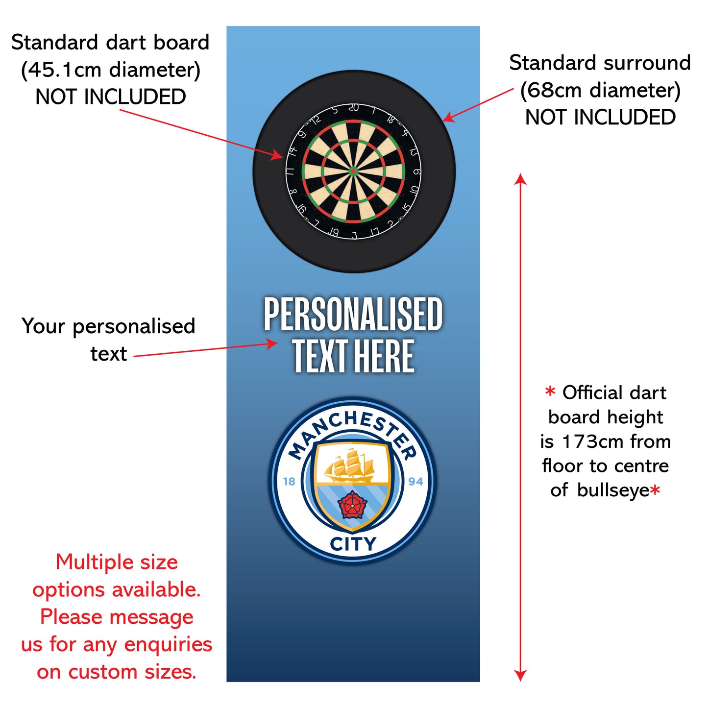 Manchester City FC Wall Sticker - Dart Board Backdrop with Personalised Text Wall Art