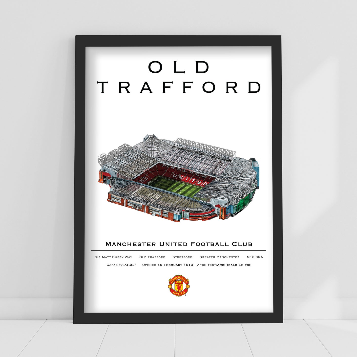 Manchester United FC Print - Marc Loboda Hand Drawn Old Trafford Stadium with Stats Poster