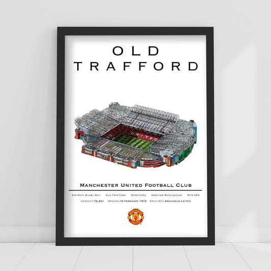 Manchester United FC Print - Marc Loboda Hand Drawn Old Trafford Stadium with Stats Poster