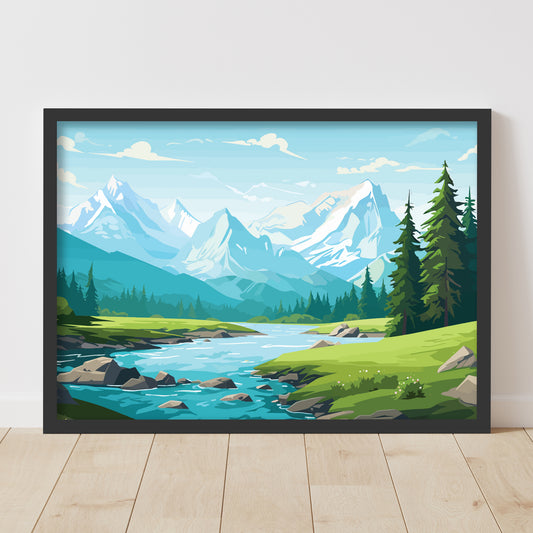 Mountain Wall Print - Peaks and River Poster Wall Art