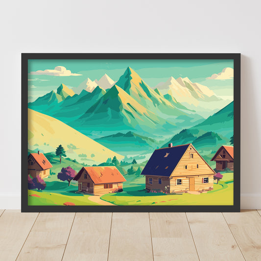 Mountain Wall Print - View with Huts Poster Wall Art