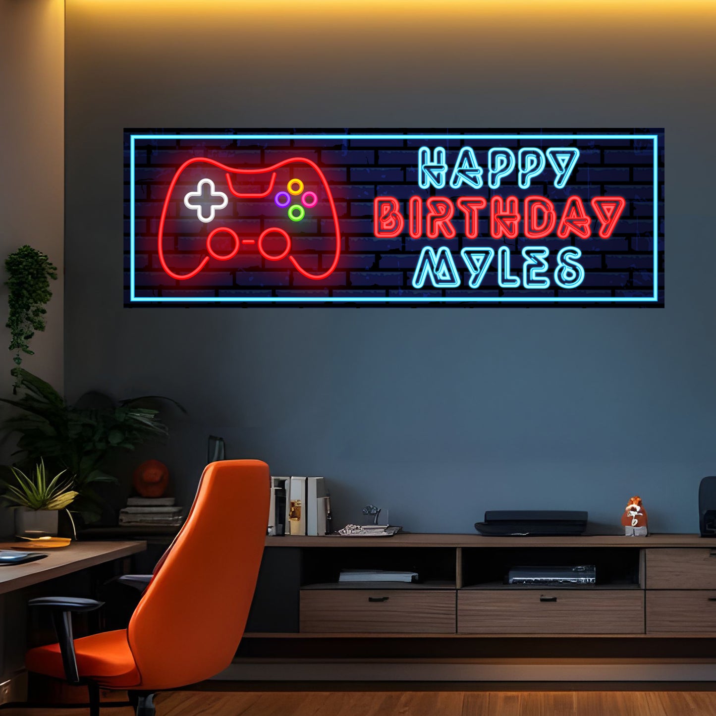 Gaming Birthday – Neon Gamer Controller Personalised Banner Wall Sticker