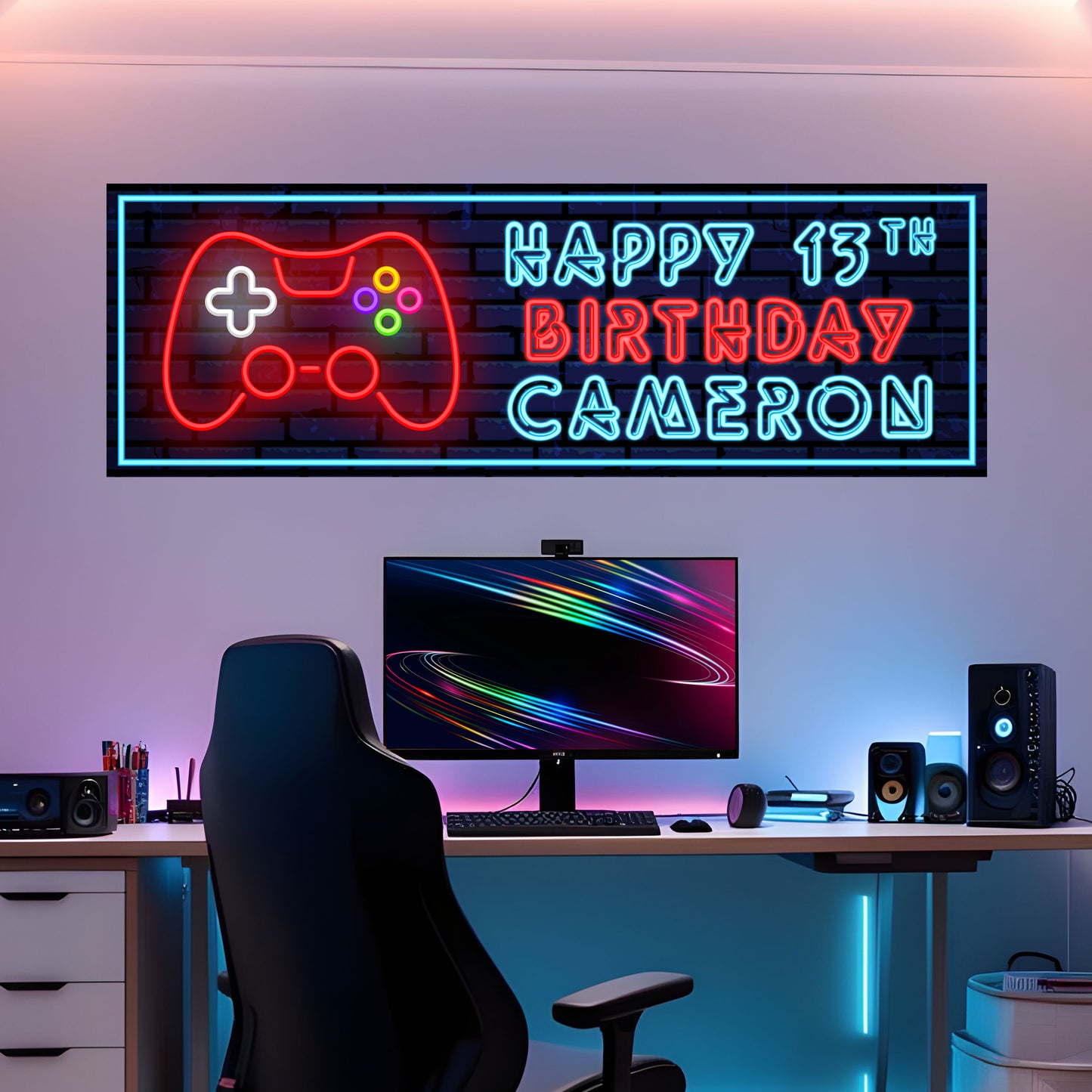 Gaming Birthday – Neon Gamer Controller Personalised Banner Wall Sticker