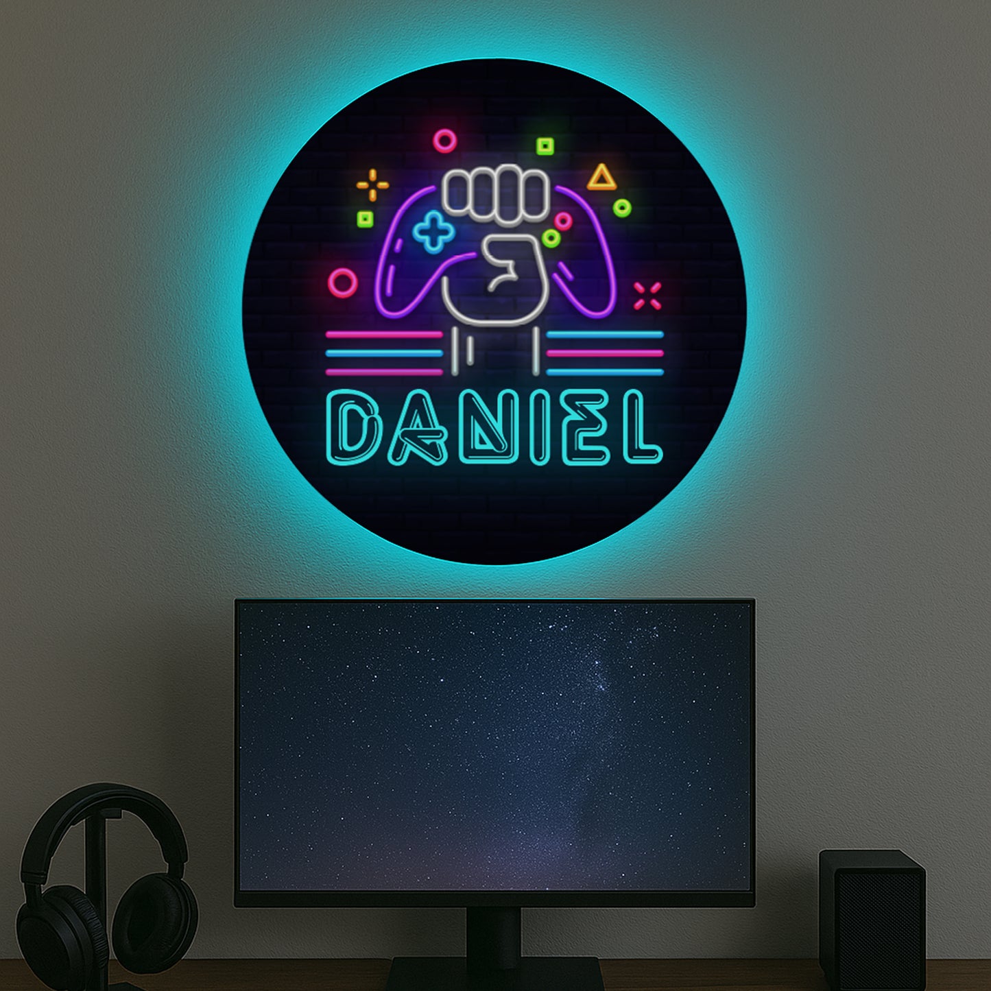 Gaming Controller Neon Personalised Circle LED Backlit Wallpop