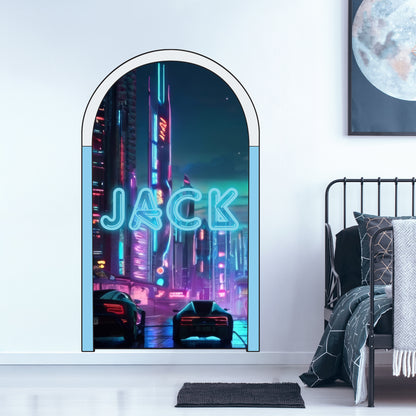 Archway Wall Sticker - Neon Futuristic City Boys Personalised Wall Art