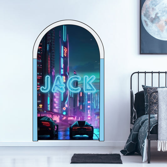 Archway Wall Sticker - Neon Futuristic City Boys Personalised Wall Art