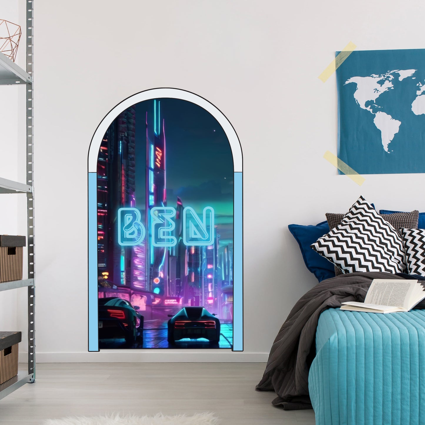Archway Wall Sticker - Neon Futuristic City Boys Personalised Wall Art