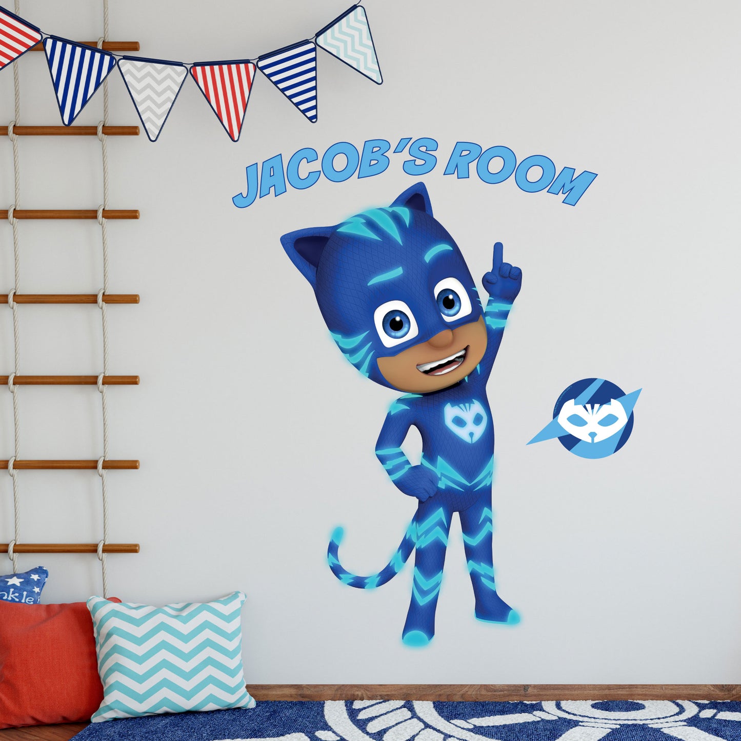 PJ Masks Power Heroes Wall Sticker - Catboy Pointing At Personalised Name Wall Art