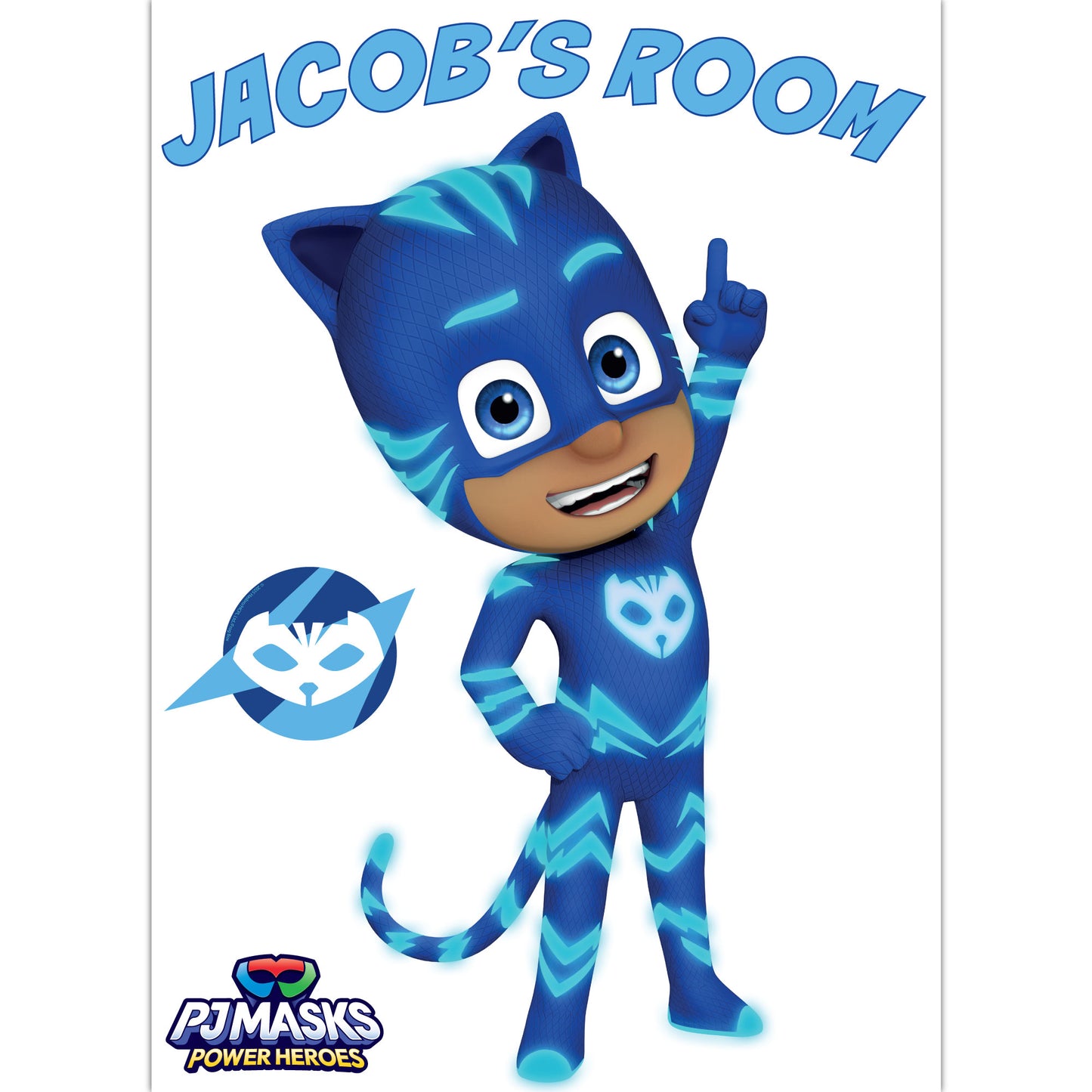 PJ Masks Power Heroes Wall Sticker - Catboy Pointing At Personalised Name Wall Art