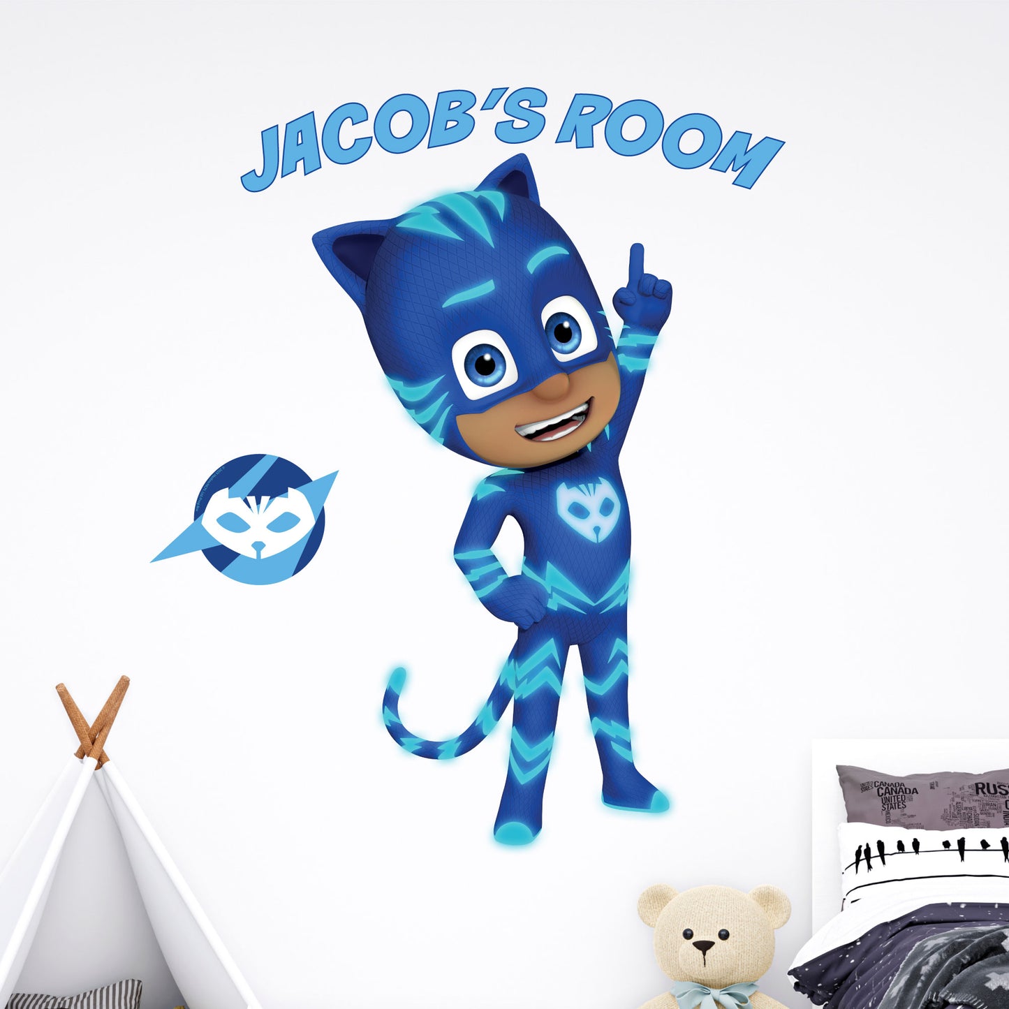 PJ Masks Power Heroes Wall Sticker - Catboy Pointing At Personalised Name Wall Art
