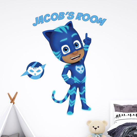 PJ Masks Power Heroes Wall Sticker - Catboy Pointing At Personalised Name Wall Art