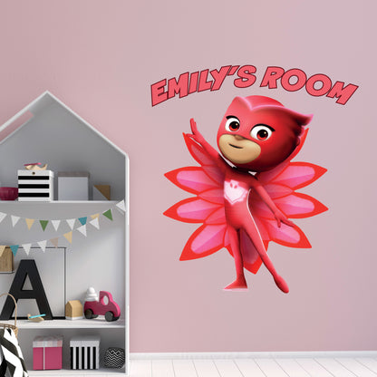 PJ Masks Power Heroes Wall Sticker - Owlette Pointing At Personalised Name Wall Art