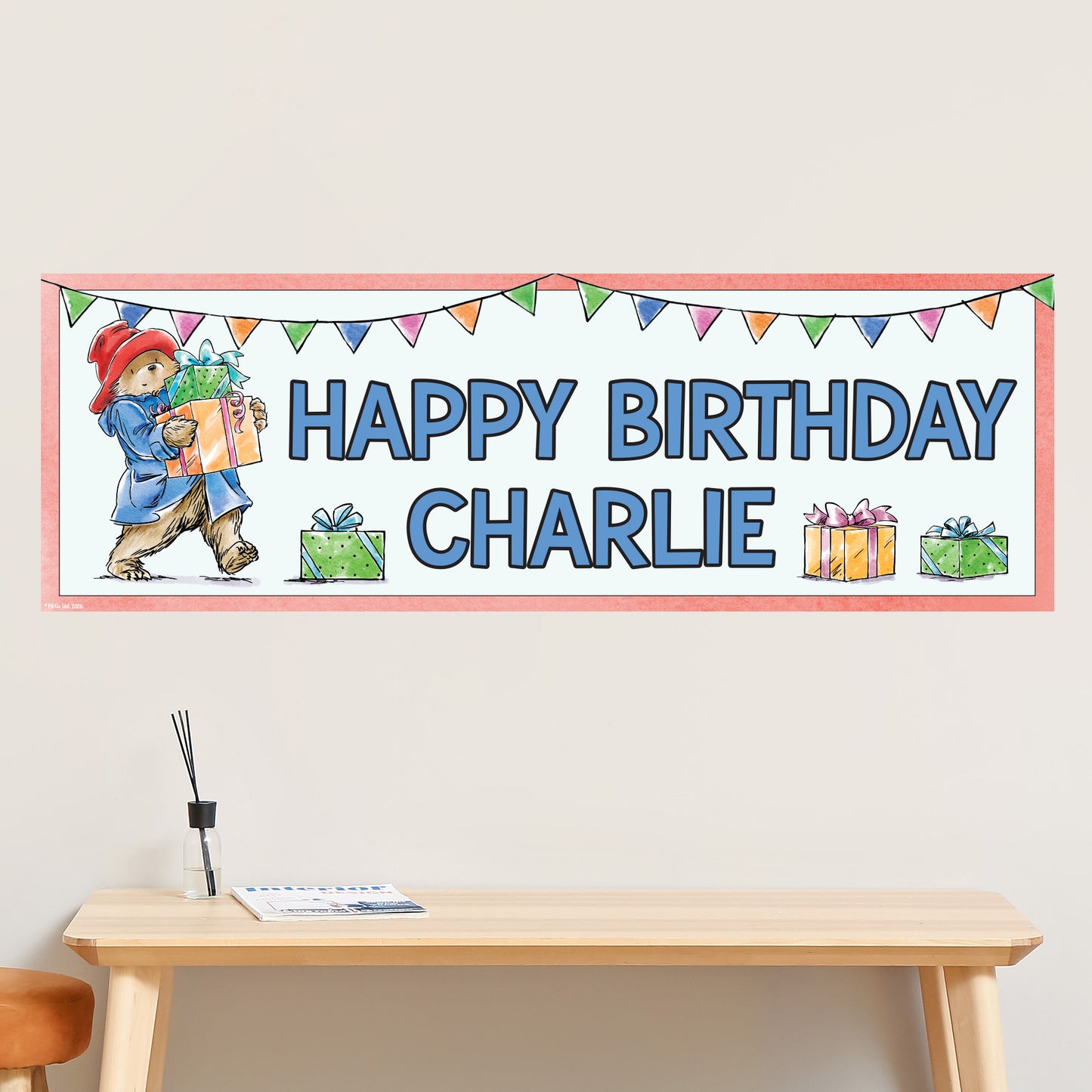 Paddington Bear Birthday - Paddington Holding Presents Personalised Name Banner Wall Sticker