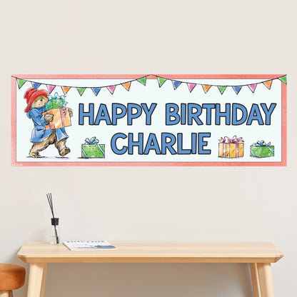 Paddington Bear Birthday - Paddington Holding Presents Personalised Name Banner Wall Sticker