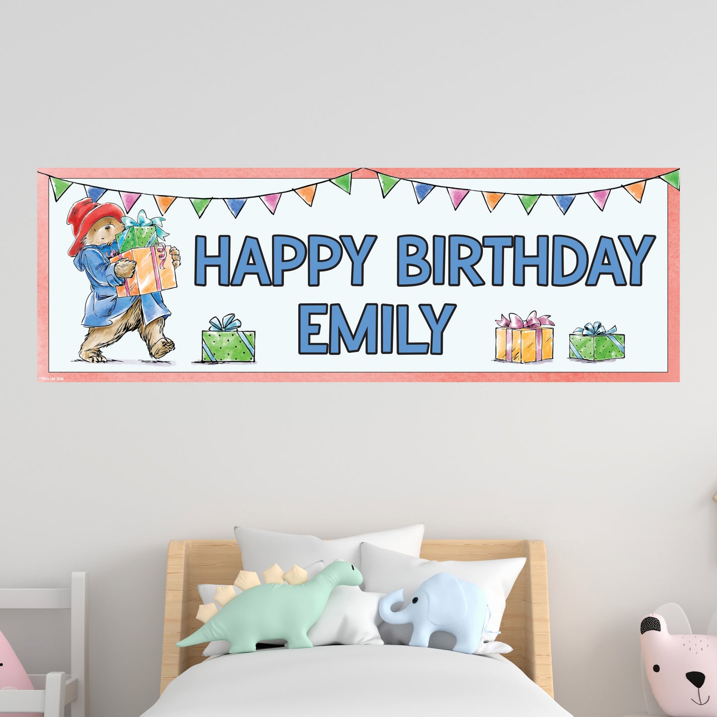 Paddington Bear Birthday - Paddington Holding Presents Personalised Name Banner Wall Sticker