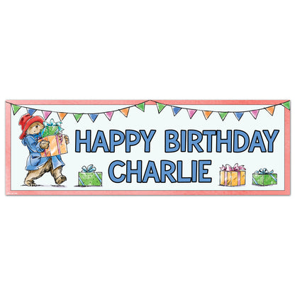 Paddington Bear Birthday - Paddington Holding Presents Personalised Name Banner Wall Sticker
