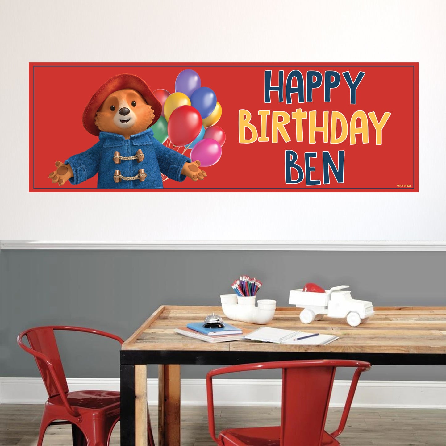 Paddington Bear Birthday - Paddington With Balloons Personalised Name Banner Wall Sticker