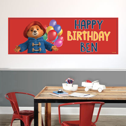Paddington Bear Birthday - Paddington With Balloons Personalised Name Banner Wall Sticker