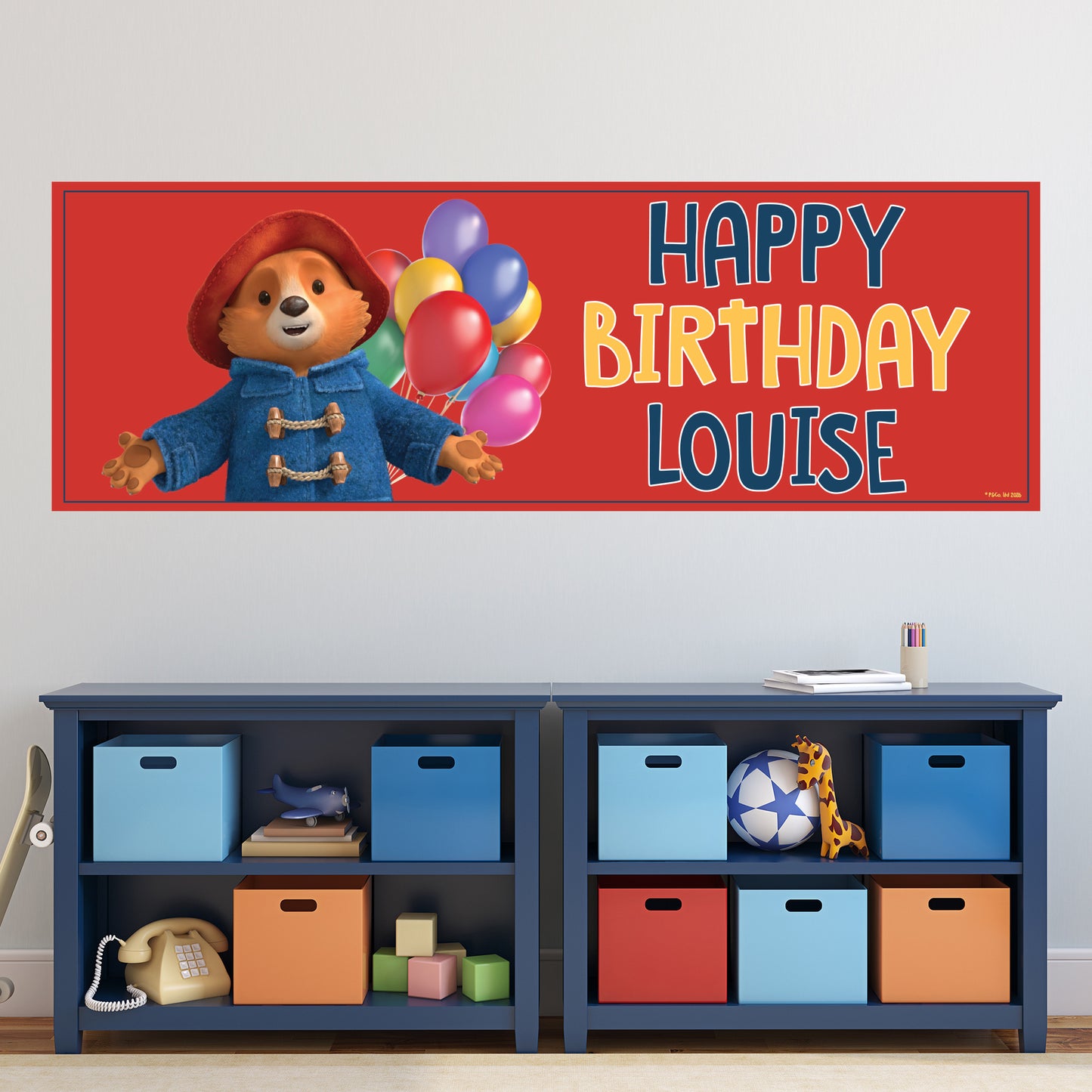 Paddington Bear Birthday - Paddington With Balloons Personalised Name Banner Wall Sticker