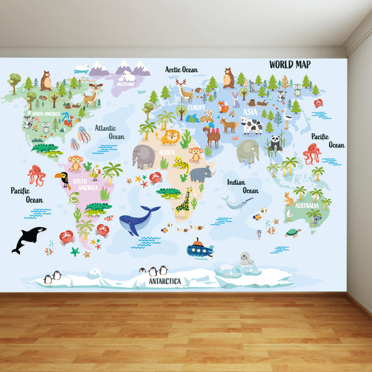Pastel Animal World Map In Detail Full Wall Mural