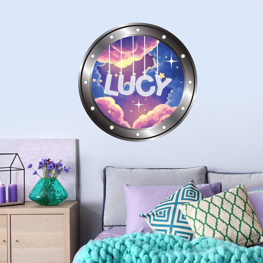Porthole Wall Sticker - Night Time Clouds Hanging Letters Girls Personalised Wall Art