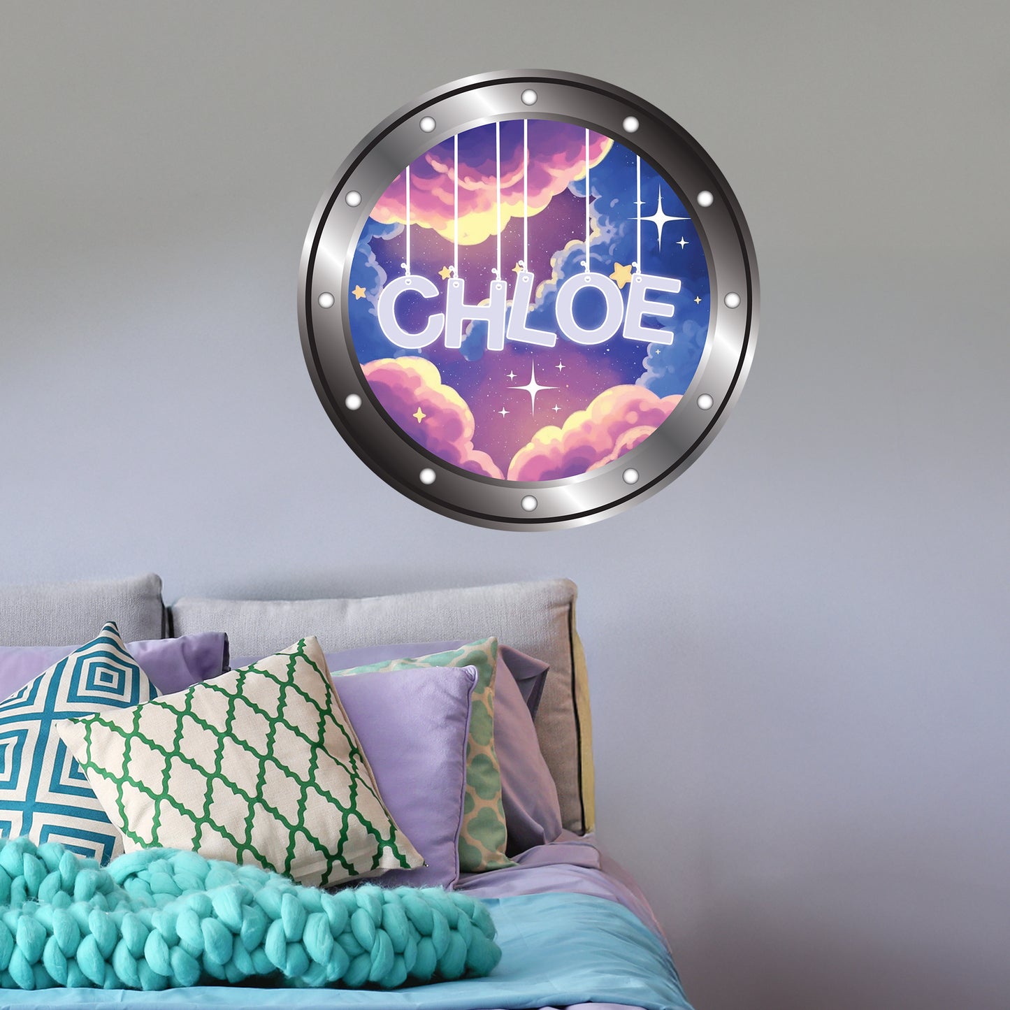 Porthole Wall Sticker - Night Time Clouds Hanging Letters Girls Personalised Wall Art
