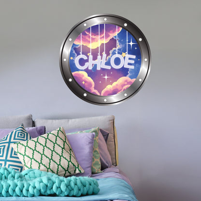 Porthole Wall Sticker - Night Time Clouds Hanging Letters Girls Personalised Wall Art