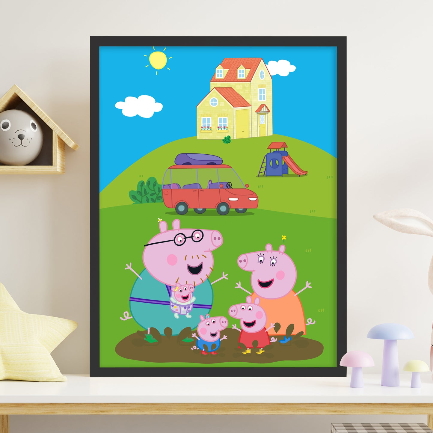 Peppa Pig Print - Peppa And Family Jumping In Muddy Puddles in Garden
