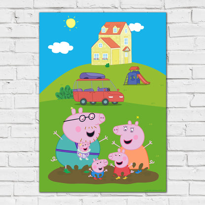 Peppa Pig Print - Peppa And Family Jumping In Muddy Puddles in Garden