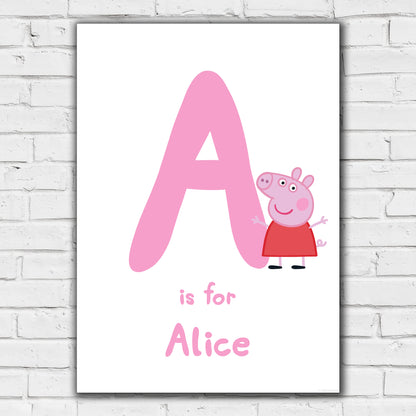 Peppa Pig Print - Peppa Letter and Personalised Name Pink Poster Wall Art