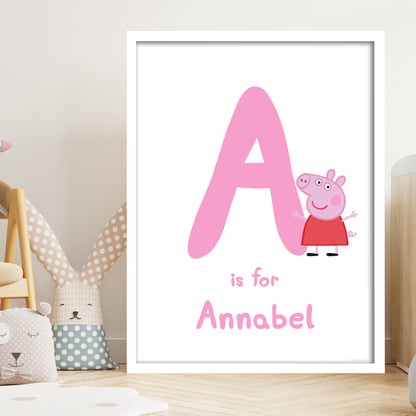 Peppa Pig Print - Peppa Letter and Personalised Name Pink Poster Wall Art