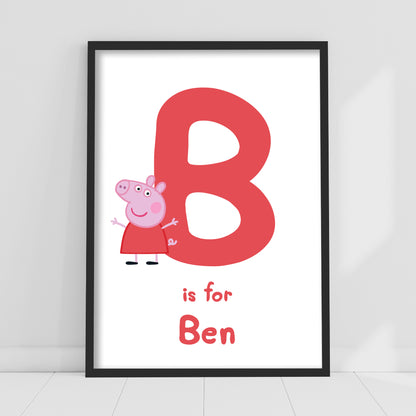 Peppa Pig Print - Peppa Letter and Personalised Name Red Poster Wall Art