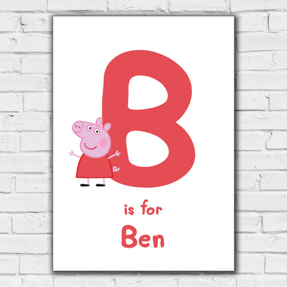 Peppa Pig Print - Peppa Letter and Personalised Name Red Poster Wall Art