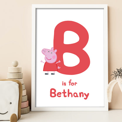 Peppa Pig Print - Peppa Letter and Personalised Name Red Poster Wall Art