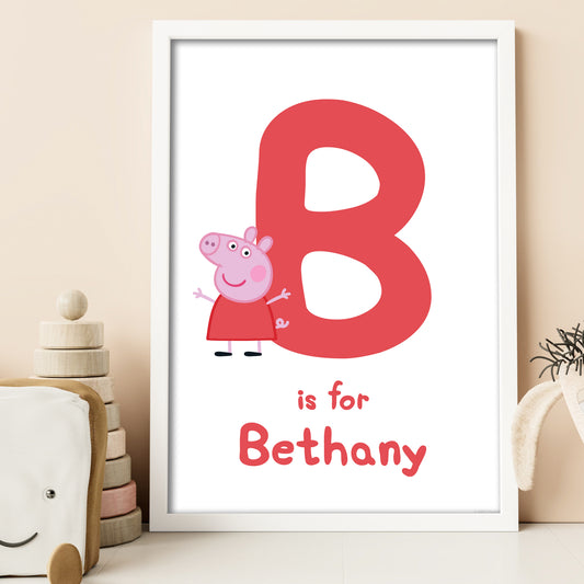 Peppa Pig Print - Peppa Letter and Personalised Name Red Poster Wall Art