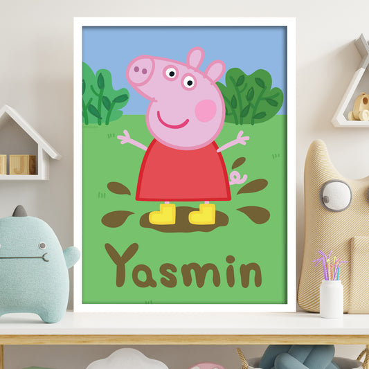 Peppa Pig Print - Peppa Muddy Puddle Personalised Name Poster Wall Art