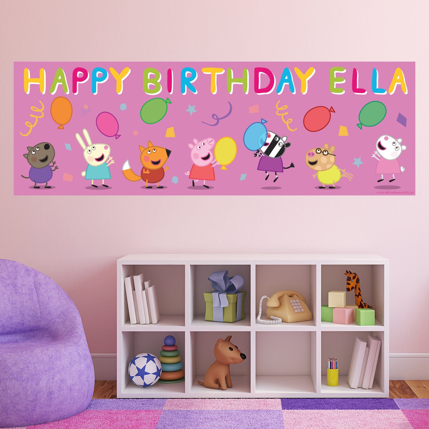 Peppa Pig Birthday - Party Balloons Pink Personalised Banner Wall Sticker