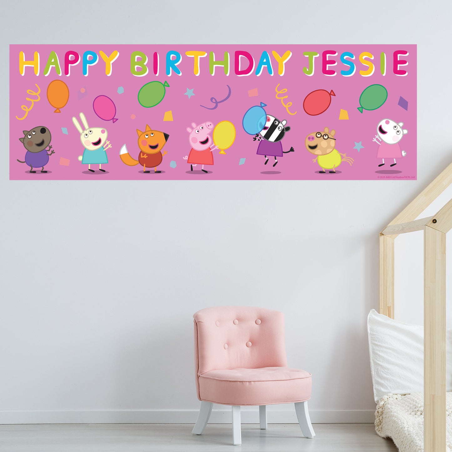 Peppa Pig Birthday - Party Balloons Pink Personalised Banner Wall Sticker
