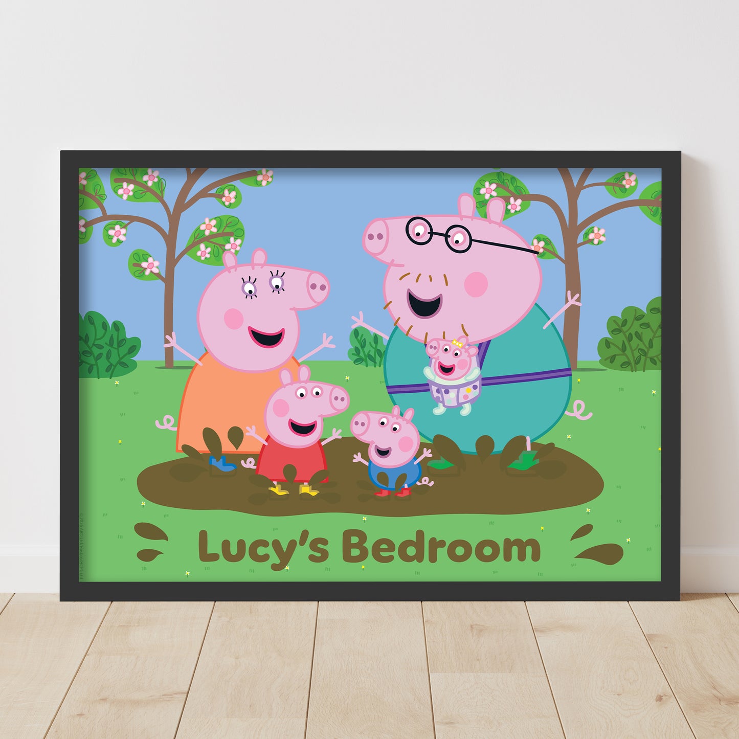 Peppa Pig Print - Peppa and Family Muddy Puddle Personalised Name Poster Wall Art