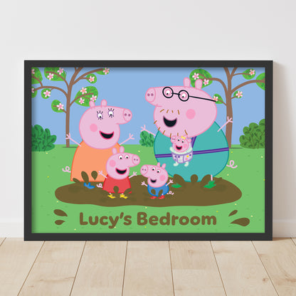 Peppa Pig Print - Peppa and Family Muddy Puddle Personalised Name Poster Wall Art