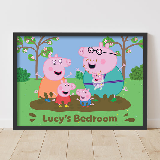 Peppa Pig Print - Peppa and Family Muddy Puddle Personalised Name Poster Wall Art