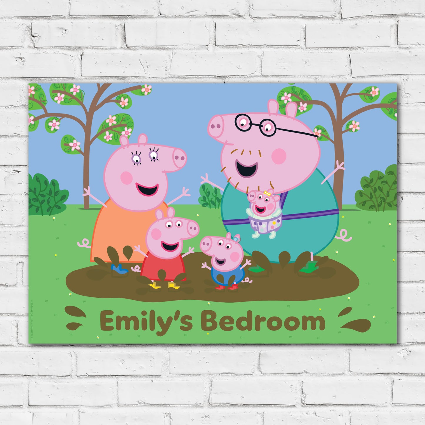 Peppa Pig Print - Peppa and Family Muddy Puddle Personalised Name Poster Wall Art