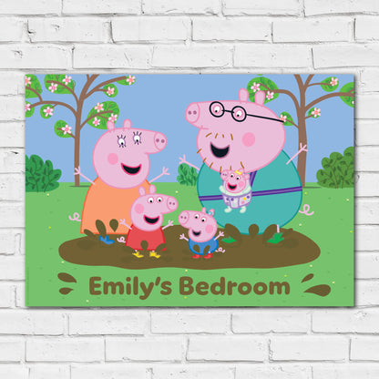 Peppa Pig Print - Peppa and Family Muddy Puddle Personalised Name Poster Wall Art