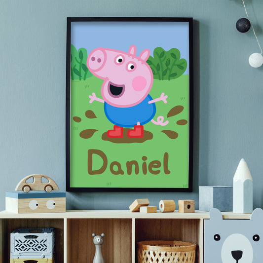 Peppa Pig Print - Peppa Pig George Muddy Puddle Personalised Name Poster Wall Art