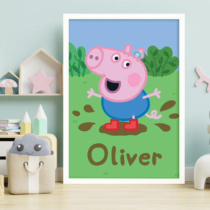 Peppa Pig Print - Peppa Pig George Muddy Puddle Personalised Name Poster Wall Art