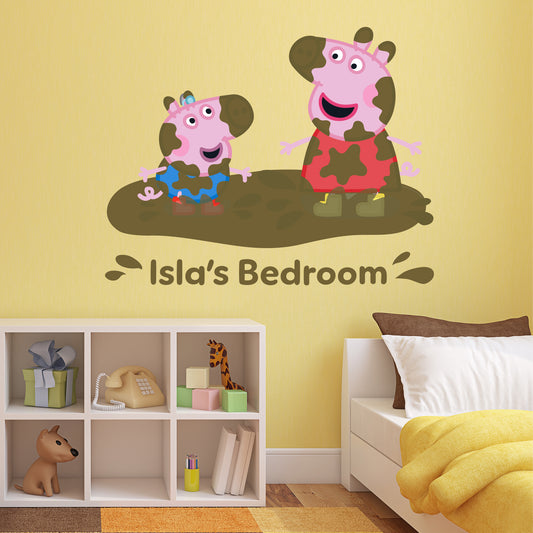 Peppa Pig Wall Sticker - Peppa and George Muddy Puddle Personalised Name