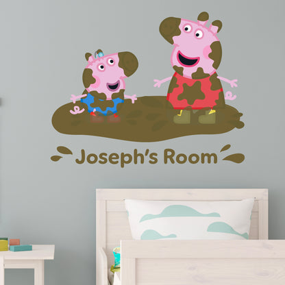 Peppa Pig Wall Sticker - Peppa and George Muddy Puddle Personalised Name