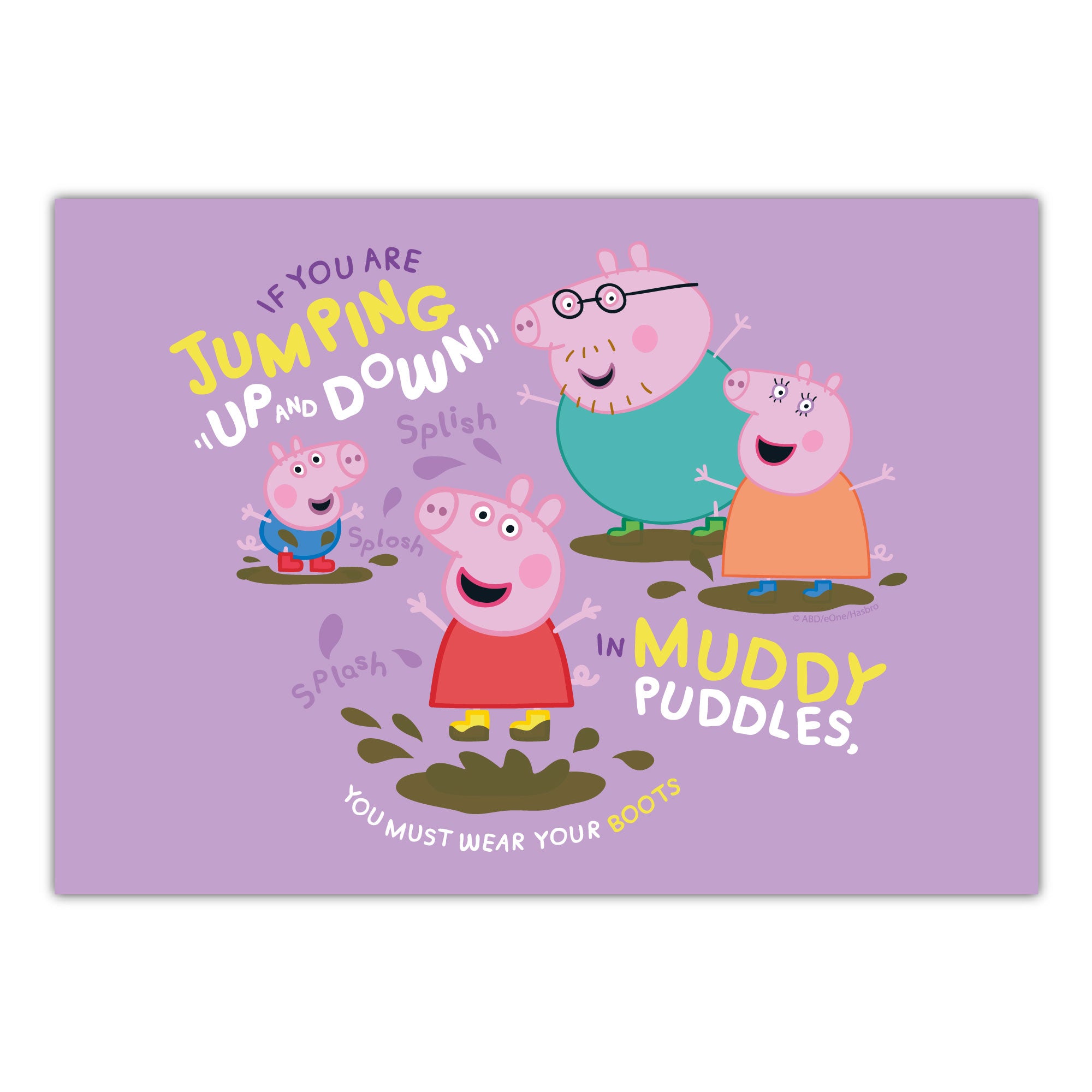 Peppa Pig Print Peppa And Family Jumping In Muddy Puddles Purple Pos peppa-pig-print-peppa-and-family-jumping-in-muddy-puddles-purple-pos